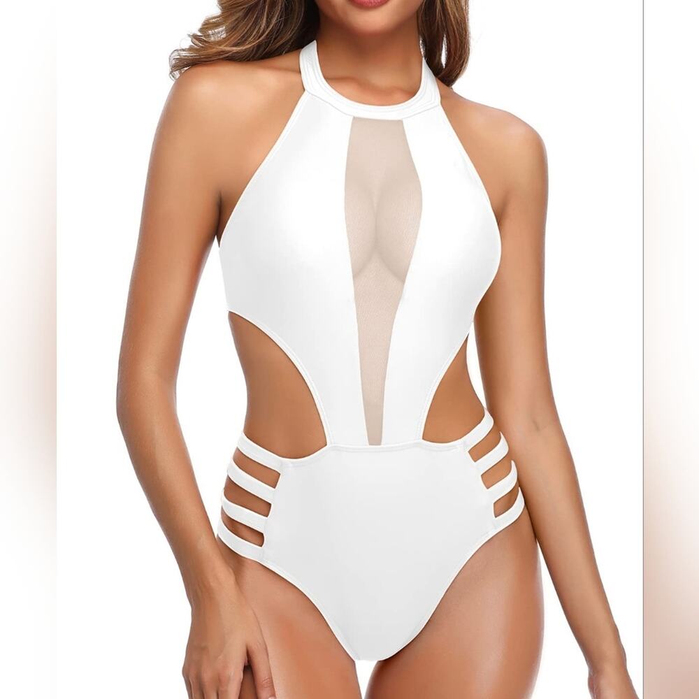 New White One Piece Swimsuit Mesh Halter High Neck Sexy 210 Size S‎ Small
